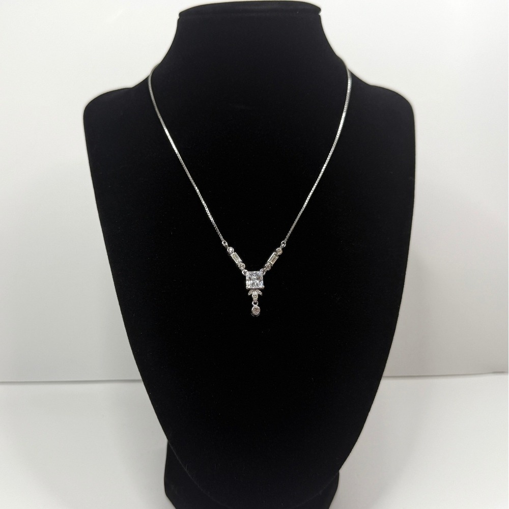Princess Cut Clear Rhinestone Y Drop Pendant Necklace Silver Tone Jewelry 8.5in